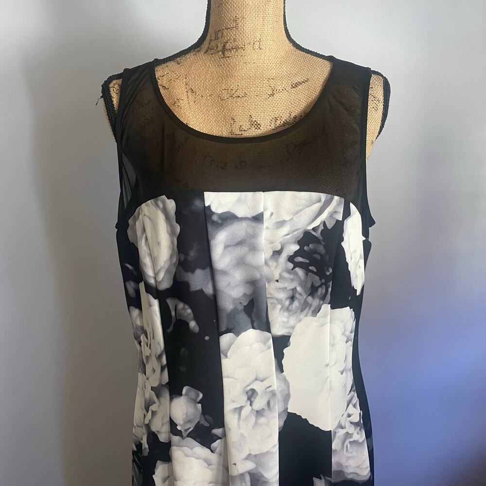 Calvin Klein Floral Mesh Yoke Shift Dress Black White 16 Corporate Cocktail - Picture 6 of 17
